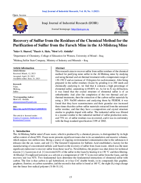 (PDF) Recovery of Sulfur from the Residues of the Chemical Method for ...