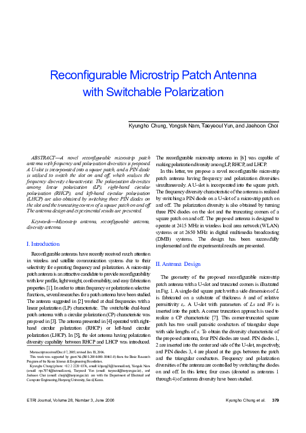 (PDF) Reconfigurable microstrip patch antenna with switchable polarization