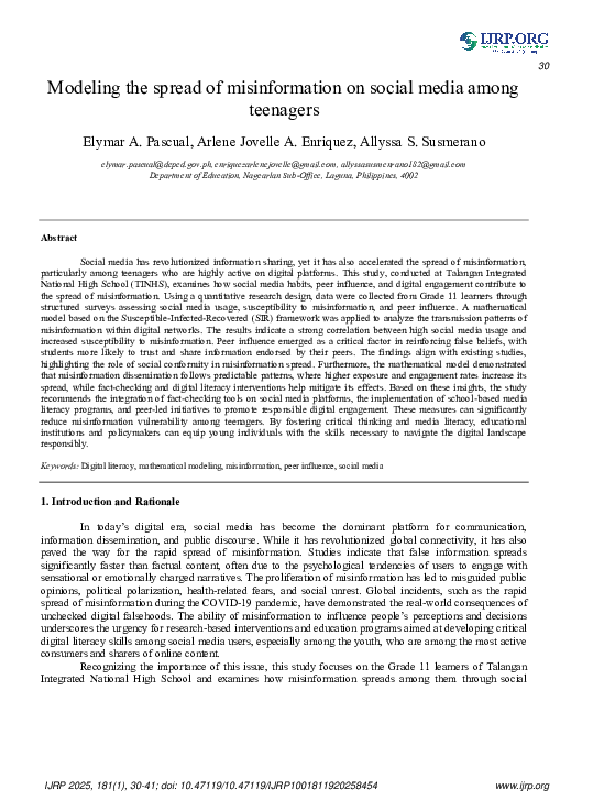 (PDF) Modeling the spread of misinformation on social media among teenagers