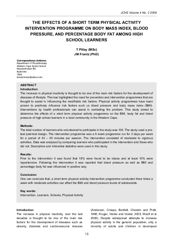 (PDF) The effects of a short term physical activity intervention ...