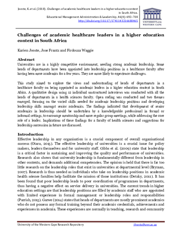(PDF) Challenges of academic healthcare leaders in a higher education ...