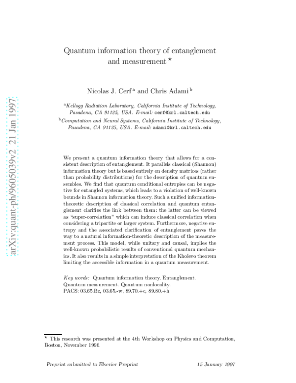 (PDF) Information theory of quantum entanglement and measurement