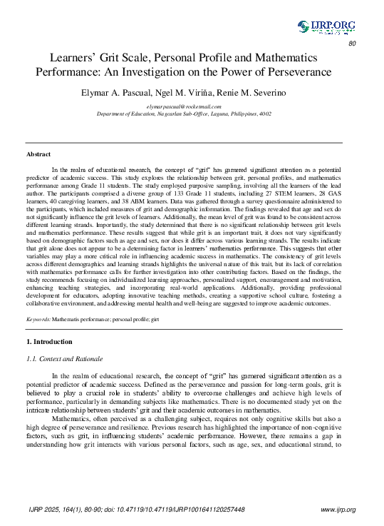 (PDF) Learners’ Grit Scale, Personal Profile and Mathematics ...