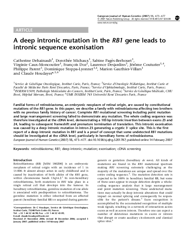 (PDF) A deep intronic mutation in the RB1 gene leads to intronic ...
