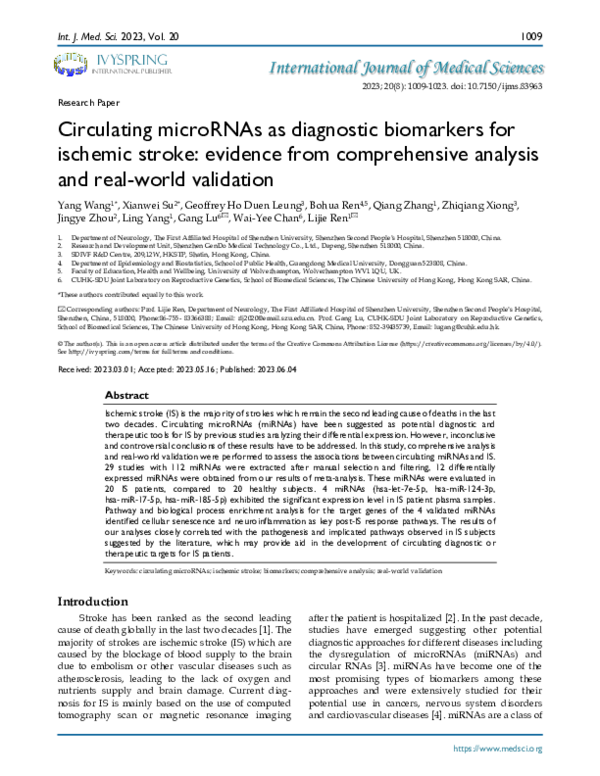 (PDF) Circulating microRNAs as diagnostic biomarkers for ischemic ...