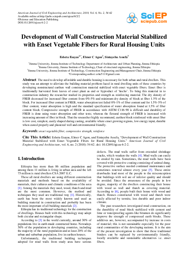 (PDF) Development of Wall Construction Material Stabilized with Enset ...