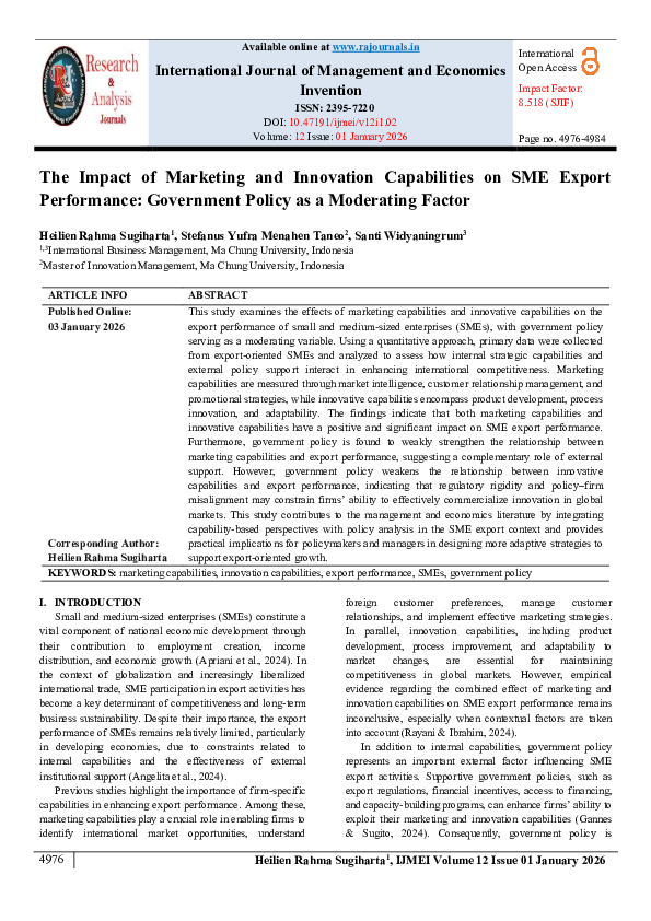 (PDF) The Impact of Marketing and Innovation Capabilities on SME Export ...