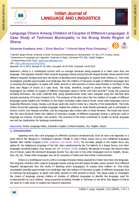 (PDF) Language Choice Among Children of Couples of Different Languages ...