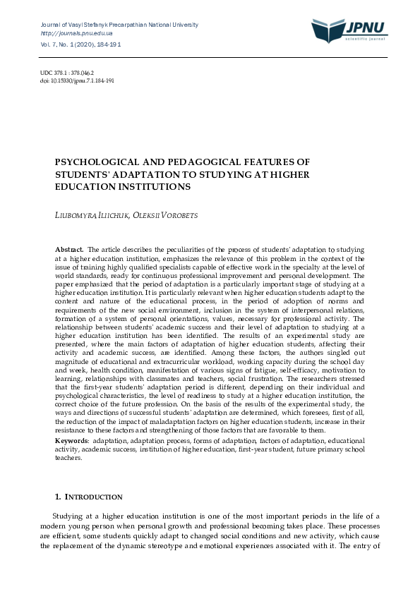 (PDF) Psychological and Pedagogical Features of Students' Adaptation to ...