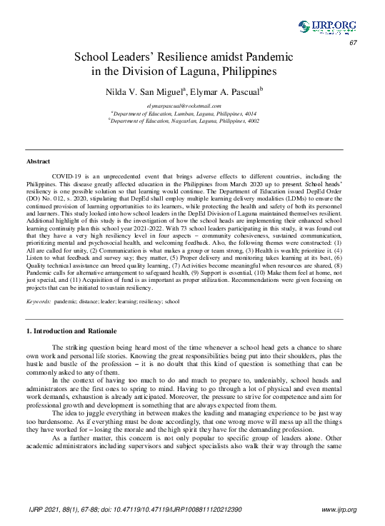 (PDF) School Leaders’ Resilience amidst Pandemic in the Division of ...