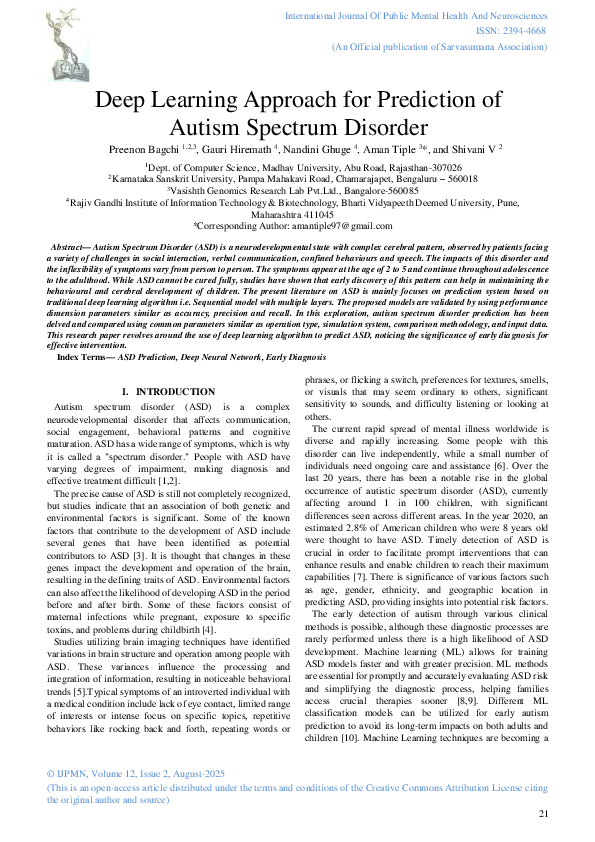 (PDF) Deep Learning Approach for Prediction of Autism Spectrum Disorder