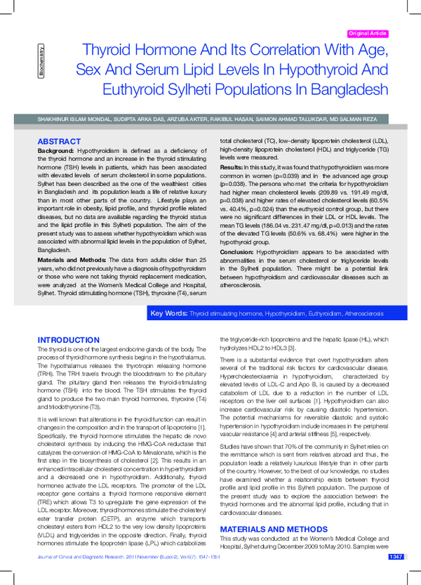 (PDF) Thyroid Hormone And Its Correlation With Age, Sex And Serum Lipid ...