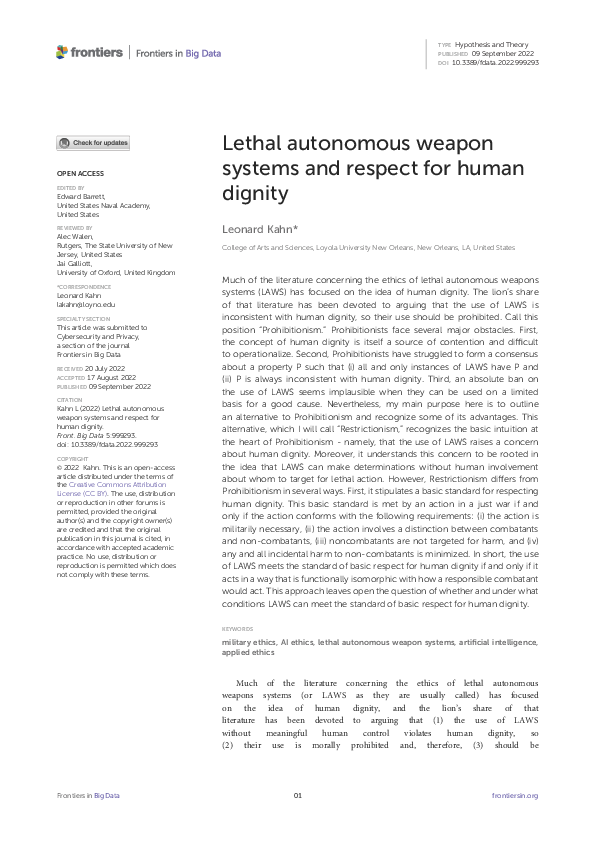 (PDF) Lethal autonomous weapon systems and respect for human dignity