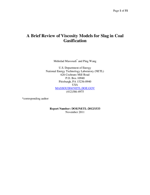 (PDF) A Brief Review of Viscosity Models for Slag in Coal Gasification