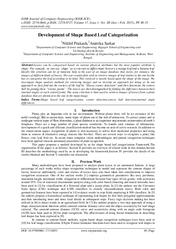 (PDF) Development of Shape Based Leaf Categorization