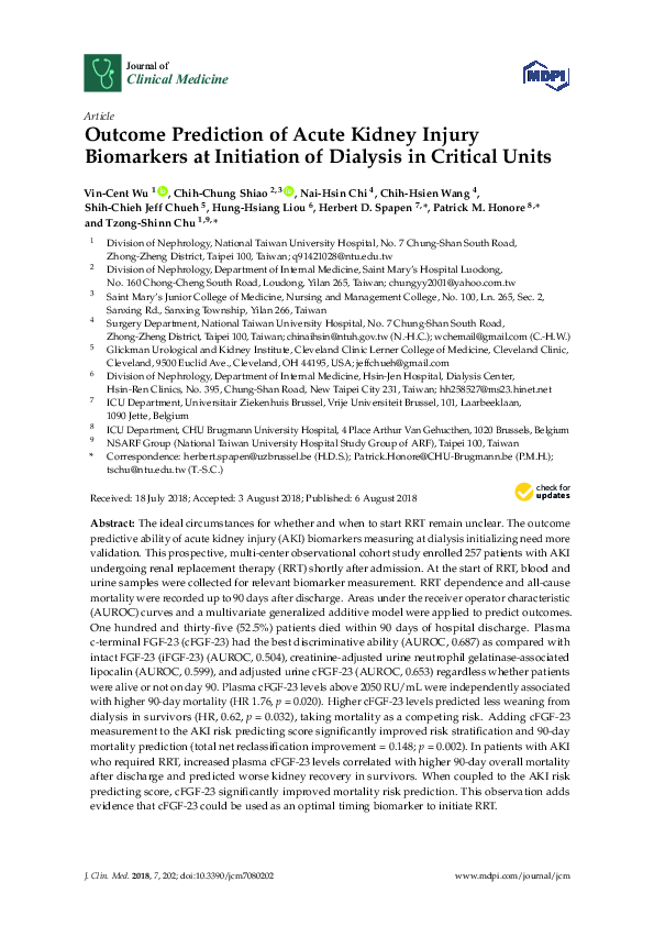 (PDF) Outcome Prediction of Acute Kidney Injury Biomarkers at ...