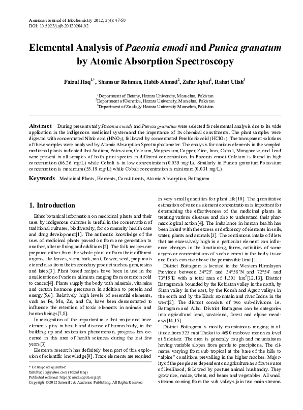 (PDF) Elemental Analysis of Paeonia emodi and Punica granatum by Atomic ...