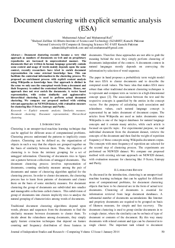 (PDF) Document clustering with explicit semantic analysis (ESA)