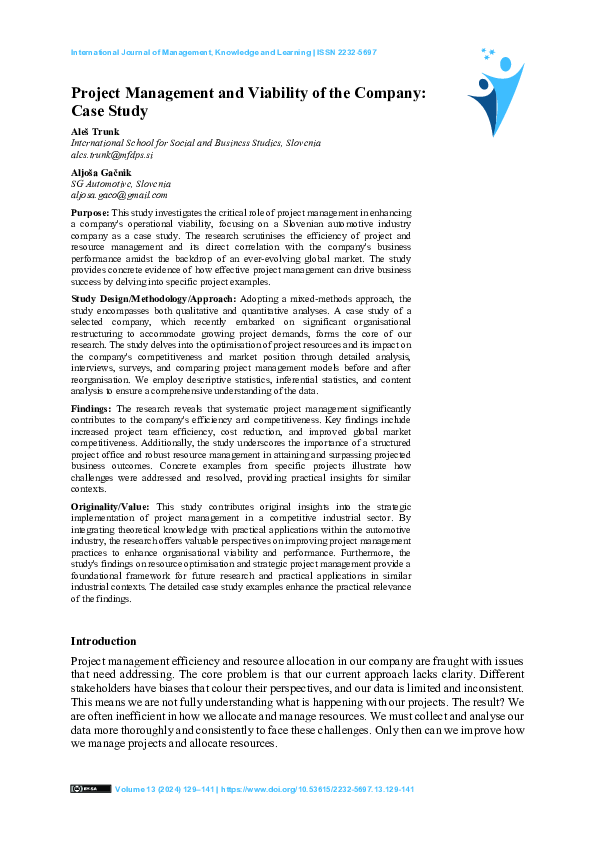 (PDF) Project Management and Viability of the Company: Case Study