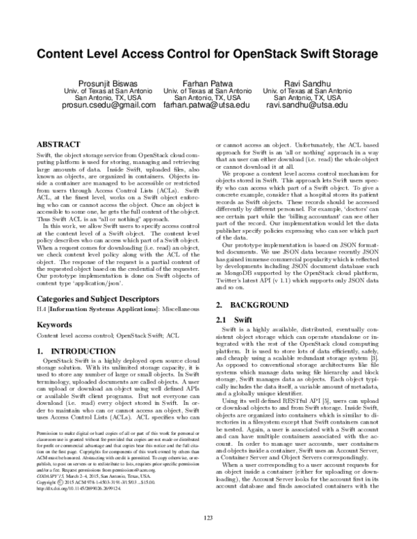 (PDF) Content Level Access Control for OpenStack Swift Storage