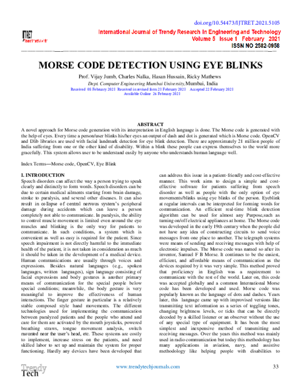 (PDF) MORSE CODE DETECTION USING EYE BLINKS