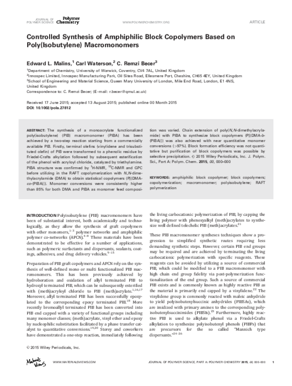 (PDF) Controlled synthesis of amphiphilic block copolymers based on ...