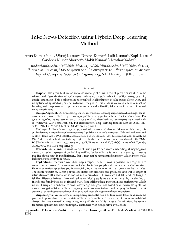 (PDF) Fake News Detection using Hybrid Deep Learning Method