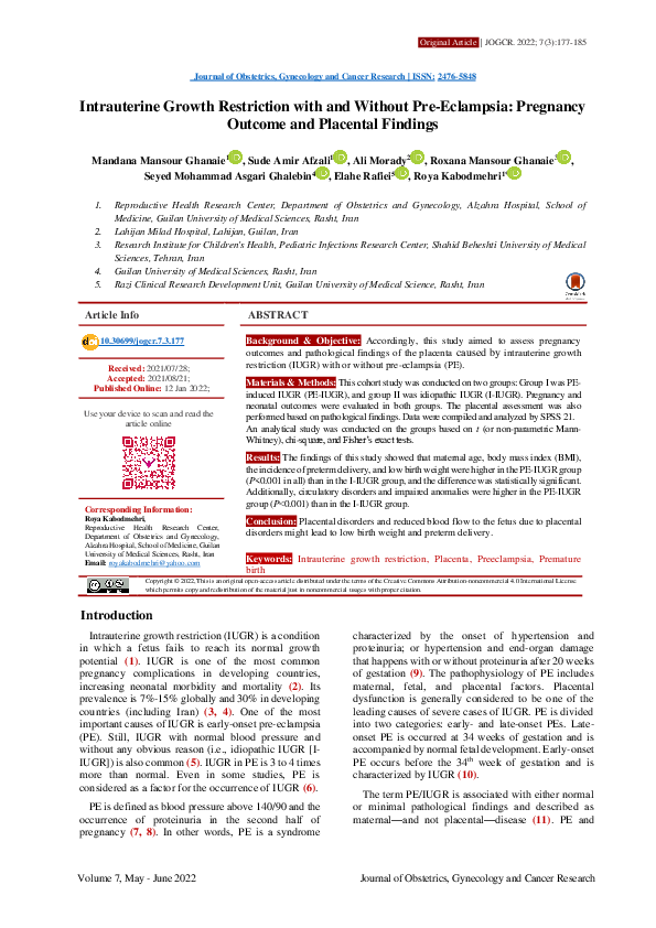 (PDF) Intrauterine Growth Restriction with and without Pre-Eclampsia ...