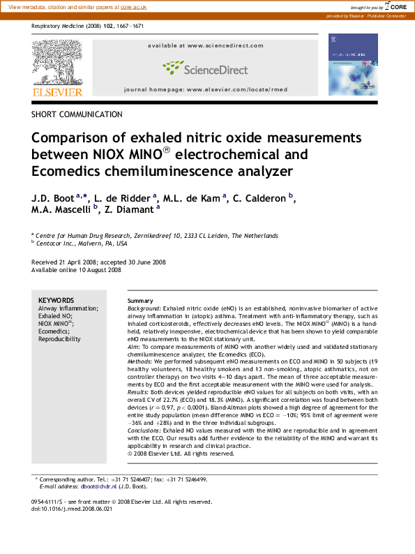 (PDF) Comparison of exhaled nitric oxide measurements between NIOX MINO ...