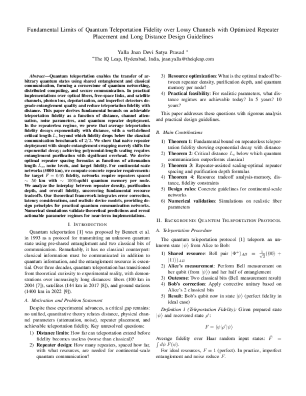 (PDF) Fundamental Limits of Quantum Teleportation Fidelity over Lossy ...