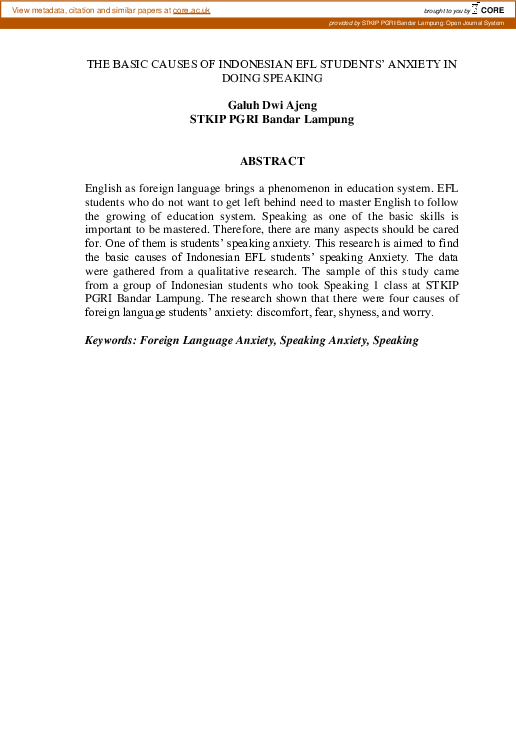 (PDF) The Basic Causes of Indonesian Efl Students’ Anxiety in Doing ...