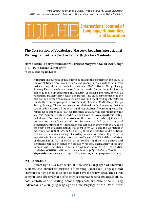 (PDF) The Correlation of Vocabulary Mastery, Reading Interest, and ...