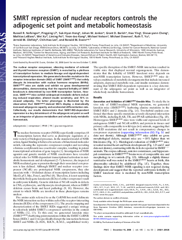 (PDF) SMRT repression of nuclear receptors controls the adipogenic set ...