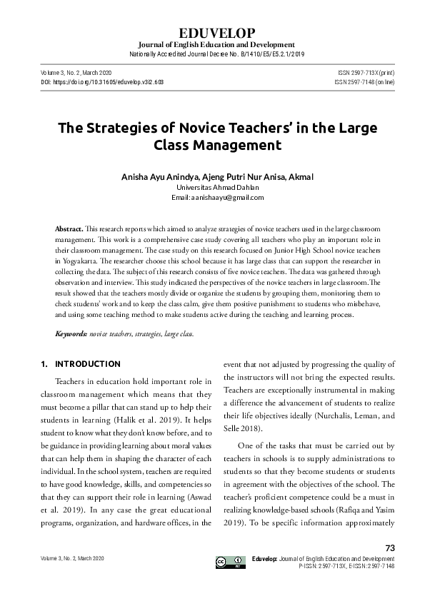 (PDF) The Strategies of Novice Teachers’ in the Large Class Management