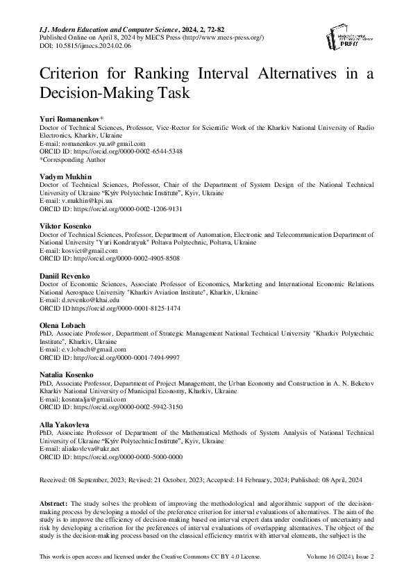 (PDF) Criterion for Ranking Interval Alternatives in aDecision-Making Task