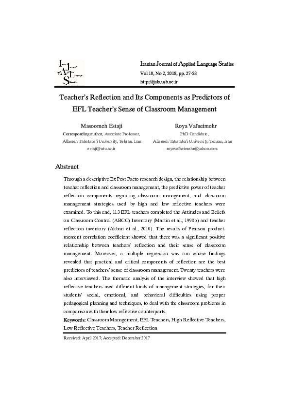 (PDF) Teacher’s Reflection and Its Components as Predictors of EFL ...