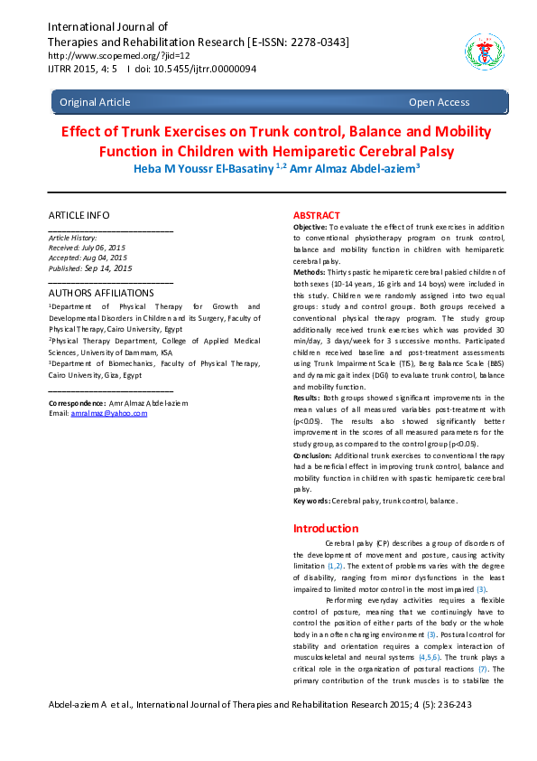 (PDF) Effect of Trunk Exercises on Trunk control, Balance and Mobility ...
