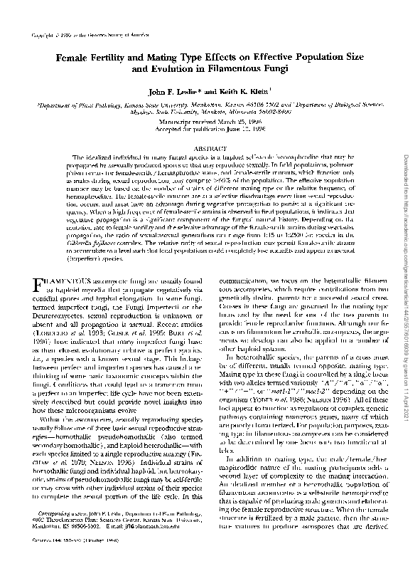 (PDF) Female Fertility and Mating Type Effects on Effective Population ...