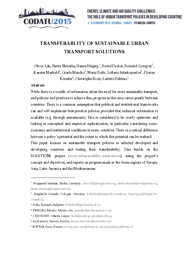 (PDF) Transferablity of Sustainable Urban Transport Solutions