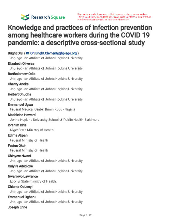 (PDF) Knowledge and practices of infection prevention among healthcare ...
