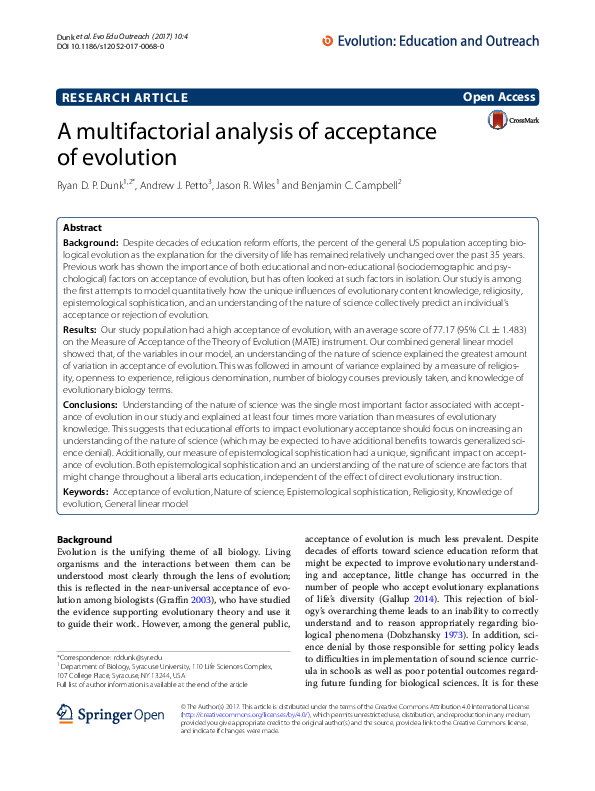 (PDF) A multifactorial analysis of acceptance of evolution