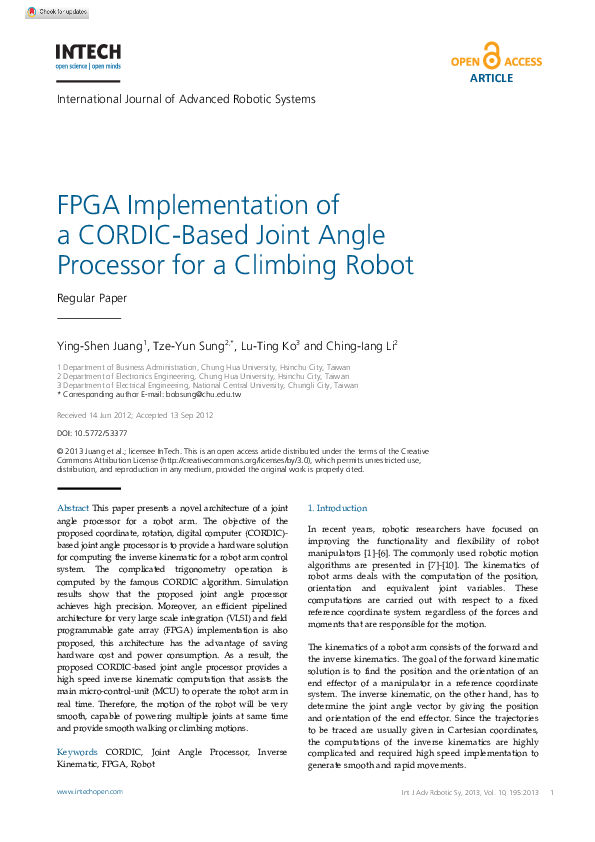 (PDF) FPGA Implementation of a CORDIC-Based Joint Angle Processor for a ...