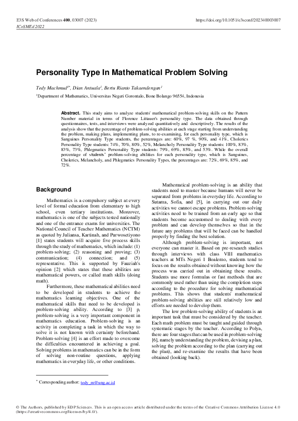 (PDF) Personality Type In Mathematical Problem Solving