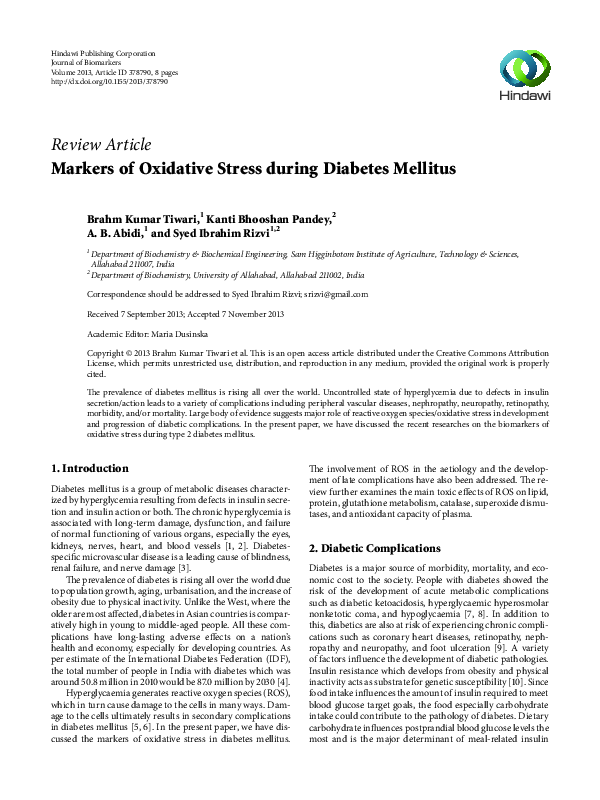 (PDF) Markers of Oxidative Stress during Diabetes Mellitus