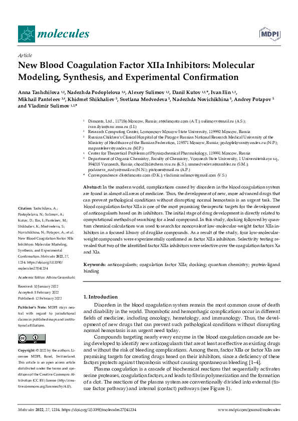 (PDF) New Blood Coagulation Factor XIIa Inhibitors: Molecular Modeling ...
