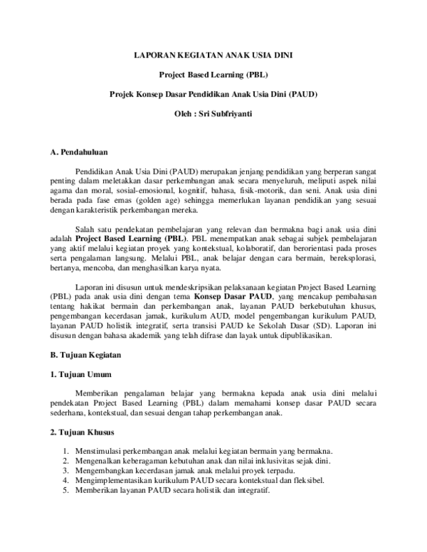 (PDF) LAPORAN KEGIATAN ANAK USIA DINI Project Based Learning (PBL ...