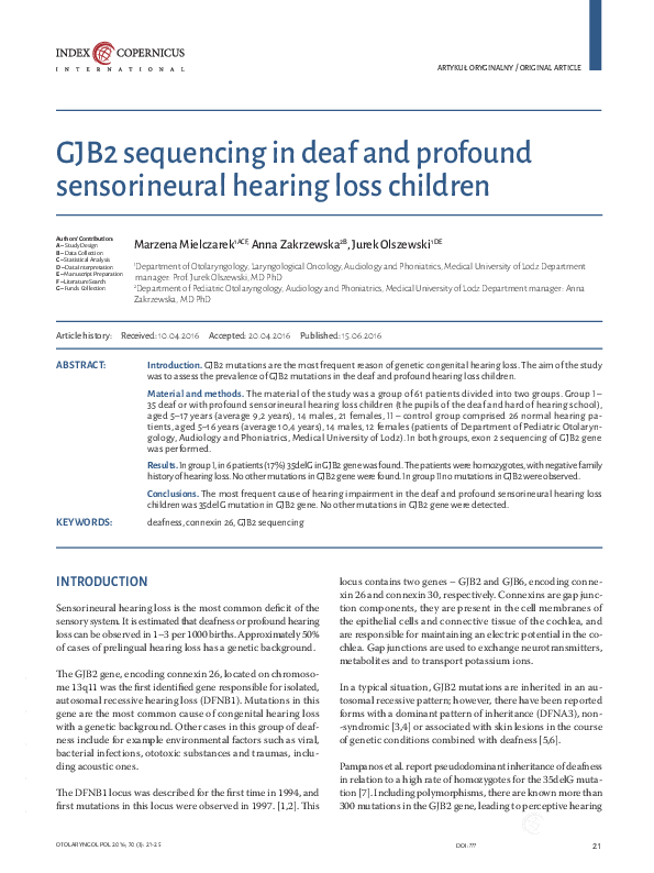 (PDF) GJB2 sequencing in deaf and profound sensorineural hearing loss ...