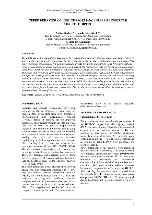(PDF) Creep Behavior of High Performance Fiber Reinforced Concrete (HPFRC)