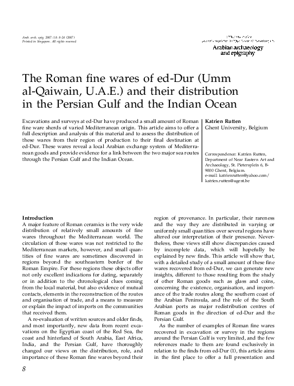 (PDF) The Roman fine wares of ed-Dur (Umm al-Qaiwain, U.A.E.) and their ...