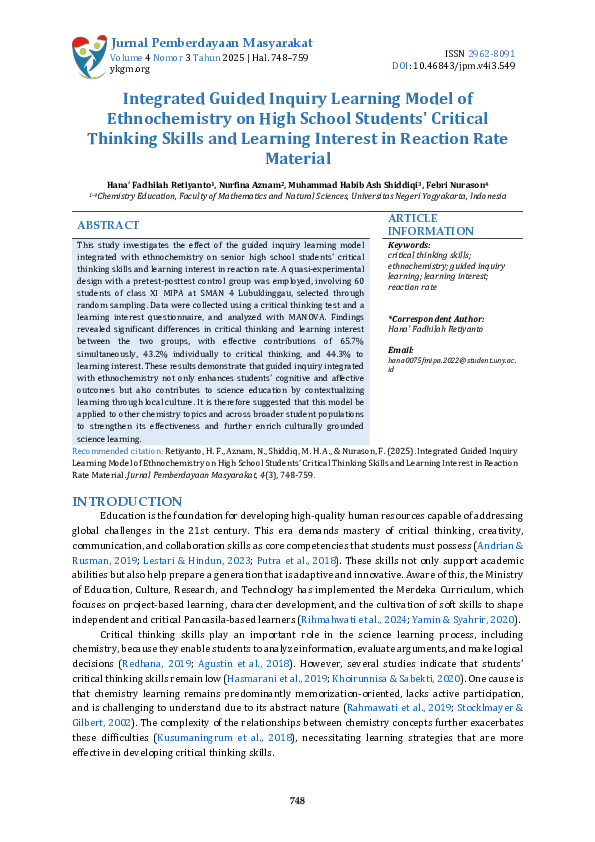 (PDF) Integrated Guided Inquiry Learning Model of Ethnochemistry on ...